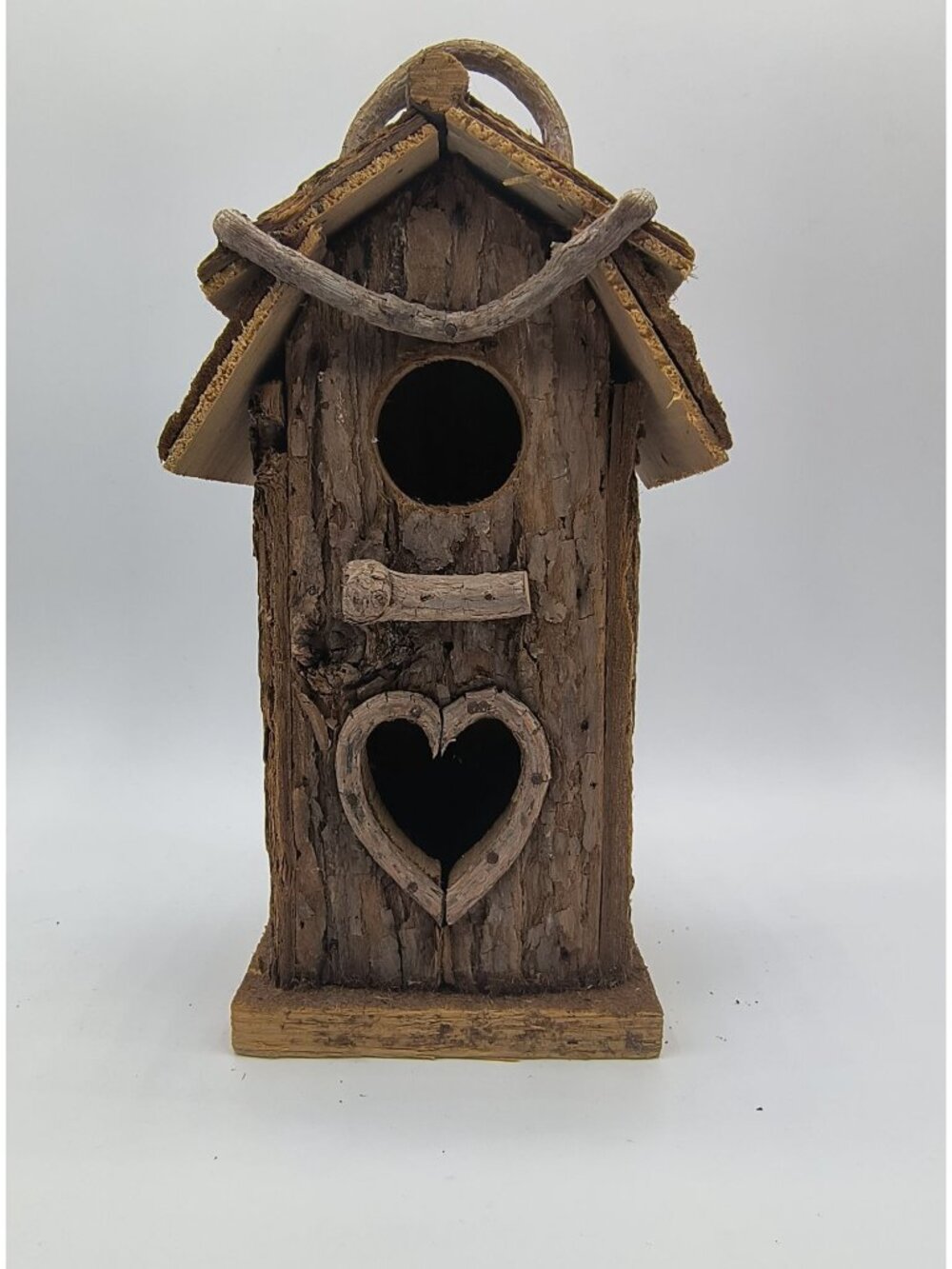 Rustic Wood Birdhouse With Heart Design & Rope Handle For Outdoor Or Indoor Deco